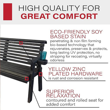 Amish Casual Heavy Duty Pressure Treated 4 Foot Outdoor Garden Bench with Cup Holders - Amish Crafted Roll Back Design in Black Stain, 700 Lb Weight Capacity