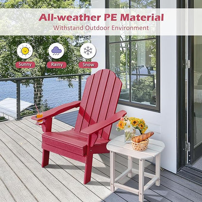 Tangkula Outdoor Folding Adirondack Chair, HDPE Armchairs with Cup Holder, Weather Resistant Lounger Chair for Patio Garden Fire Pit Backyard, Lawn Porch Seating, Adirondack Lounger (4, Red)