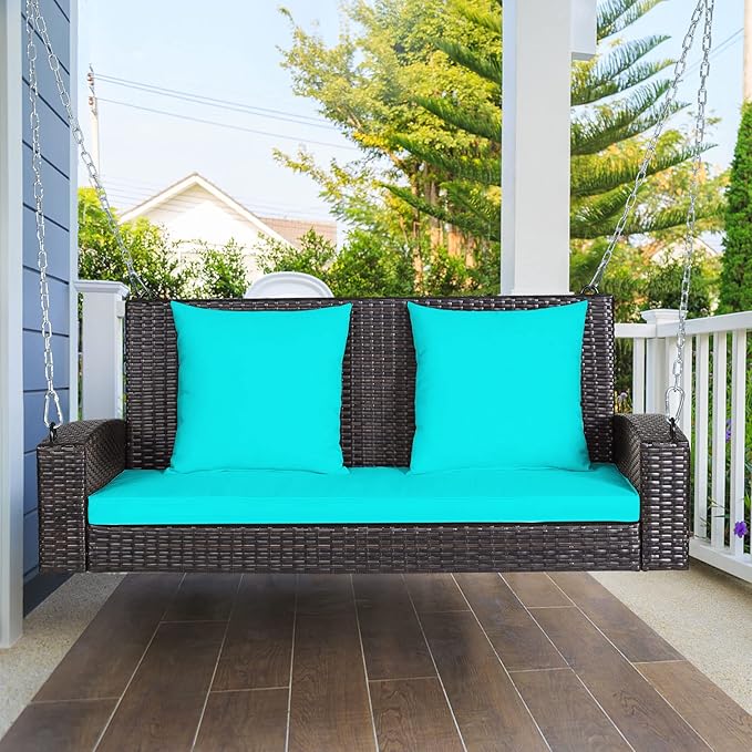 Tangkula 2-Person Wicker Hanging Porch Swing, Patiojoy Outdoor Rattan Swing Bench W/ 2 Back Cushions & 1 Seat Cushion - Photo 3