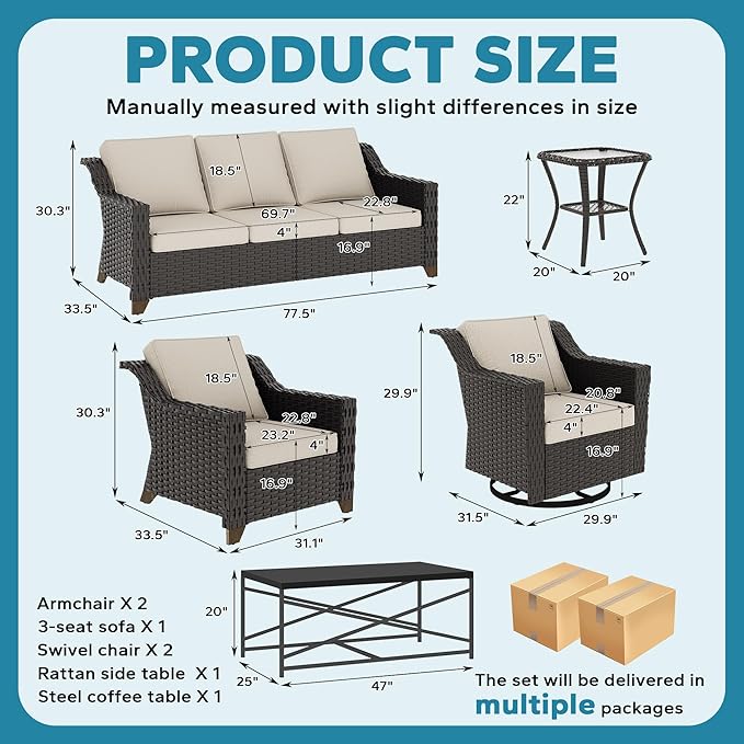 7 Pieces Outdoor Conversation Furniture Set - 77" Patio sofa, 2 Armchairs, 2 Swivel Glider Chairs, 1 Side Table - Photo 2