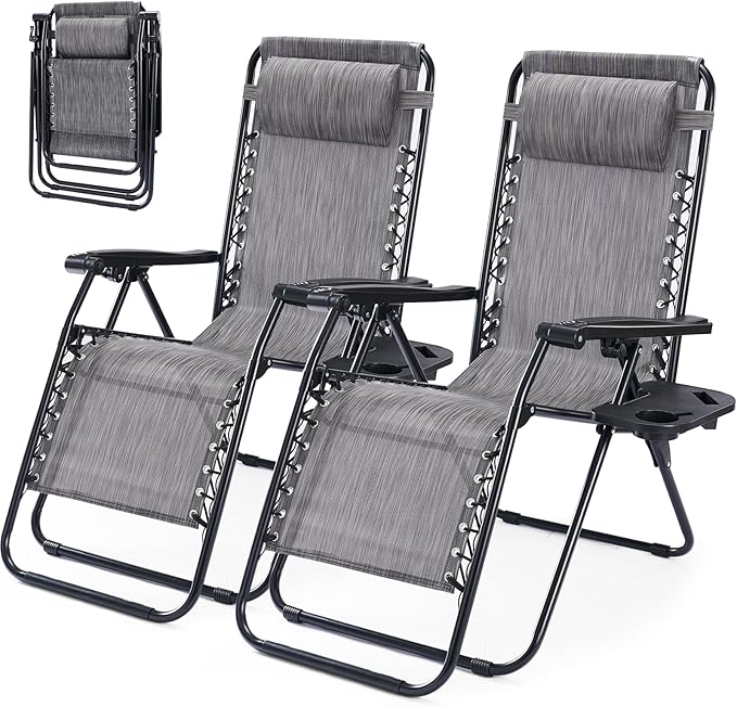 NEWBULIG Zero Gravity Chair Set of 2, Lounge Chair Folding Portable Adjustable Camping Reclining Chairs with Adjustable Pollow, Mesh Back, Cup Holder Trays Lawn Patio Chair for Pool Beach
