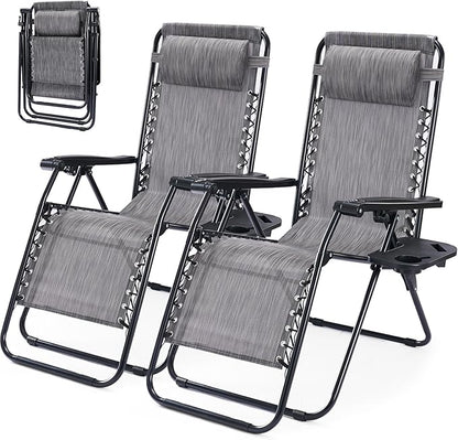 NEWBULIG Zero Gravity Chair Set of 2, Lounge Chair Folding Portable Adjustable Camping Reclining Chairs with Adjustable Pollow, Mesh Back, Cup Holder Trays Lawn Patio Chair for Pool Beach