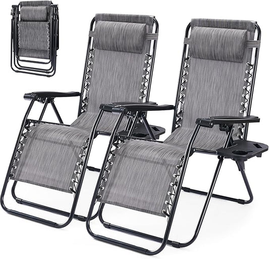 NEWBULIG Zero Gravity Chair Set of 2, Lounge Chair Folding Portable Adjustable Camping Reclining Chairs with Adjustable Pollow, Mesh Back, Cup Holder Trays Lawn Patio Chair for Pool Beach