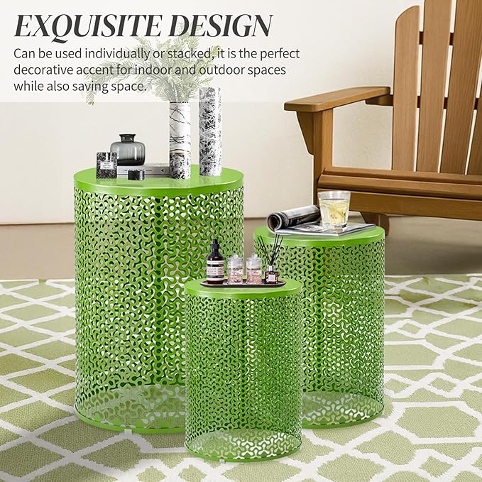 Outvita Outdoor Nesting Tables Set of 3, Heavy Duty Metal Frame Accent Modern End Table, Portable Side Table for Indoor, Outdoor, Living Room, Clover Pattern - Green