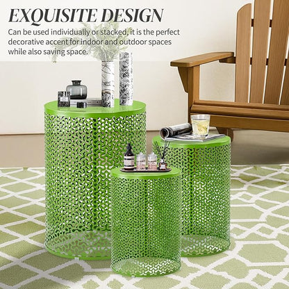 Outvita Outdoor Nesting Tables Set of 3, Heavy Duty Metal Frame Accent Modern End Table, Portable Side Table for Indoor, Outdoor, Living Room, Clover Pattern - Green
