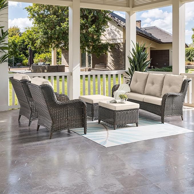 HUMMUH Outdoor Furniture 5 Pieces Patio Furniture Set Wicker Outdoor Sectional Sofa with 2 Patio Chairs,Ottomans