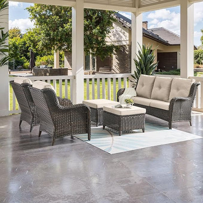 HUMMUH Outdoor Furniture 5 Pieces Patio Furniture Set Wicker Outdoor Sectional Sofa with 2 Patio Chairs,Ottomans