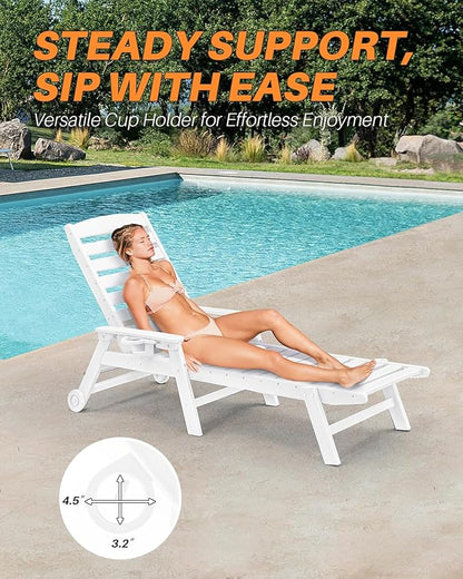 HDPE Patio Chaise Lounge Chair, 78.4'' Adjustable Outdoor Lounger, 5 Positions Poly Lounge Chair with Wheels & Cup Holder, HDPE Outdoor Patio Lounge Chairs for Backyard, Deck, Beach, Pearl