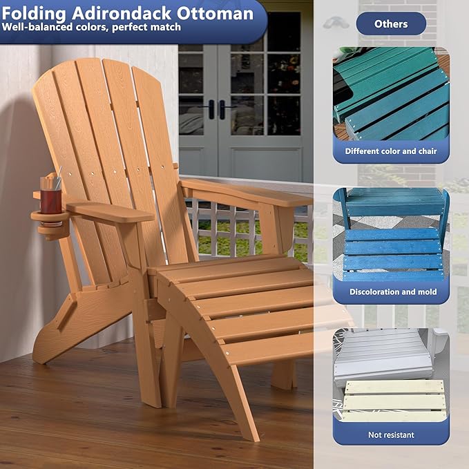 Plawdlik Folding Ottoman for Adirondack Chair–HDPE All-Weather Footrest for Outdoor Use, Garden & Poolside– Anti-Cracking, Fade-Resistant, Easy Assembly–Teak