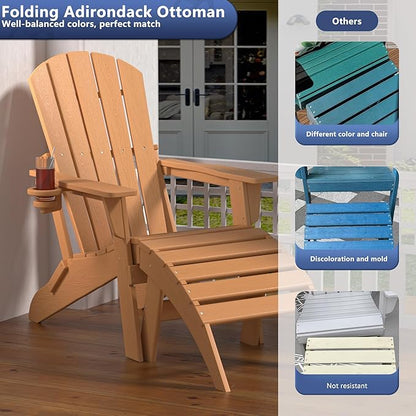 Plawdlik Folding Ottoman for Adirondack Chair–HDPE All-Weather Footrest for Outdoor Use, Garden & Poolside– Anti-Cracking, Fade-Resistant, Easy Assembly–Teak