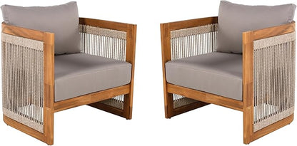 Christopher Knight Home Dora Set of 2 Patio Club Chair with Cushions, Acacia Wood Lounge Chair Outdoor, Woven Accents, Curved Design Side Chair for Balcony Backyard Garden Poolside, Grey + Teak