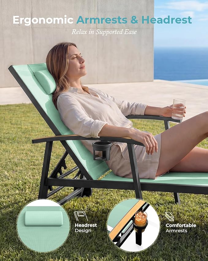 Ciokea Outdoor Lounge Chair with Pillow Set of 4, 5-Position Chaise Lounge with Wheels & Armrests - Photo 3