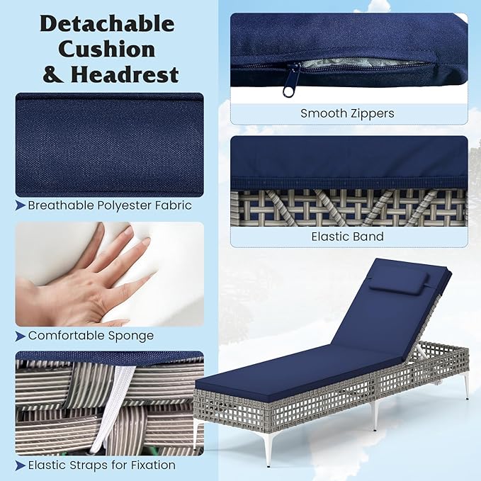 Tangkula Patio Chaise Lounge Chair, PE Wicker Reclining Sun Lounger with 6-Level Adjustable Backrest, Removable Cushion & Headrest, Outdoor Lounge Chair for Poolside, Deck, Backyard (1, Navy)