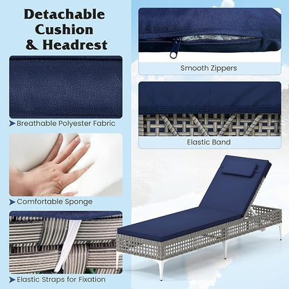 Tangkula Patio Chaise Lounge Chair, PE Wicker Reclining Sun Lounger with 6-Level Adjustable Backrest, Removable Cushion & Headrest, Outdoor Lounge Chair for Poolside, Deck, Backyard (2, Navy)