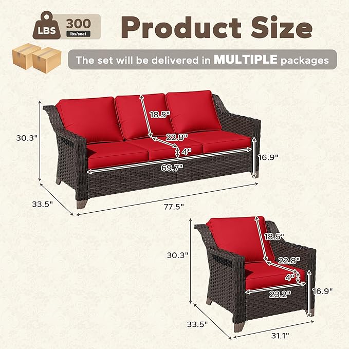 3 Pieces Patio Conversation Furniture Set - 1 Sofa, 2 Armchairs - Photo 2