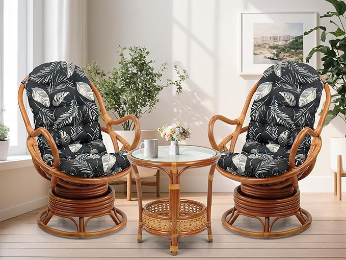 Wickerix Java Lounge Swivel Rocking Chair with Light Brown Cushion Natural Rattan Wicker Handmade, Colonial Color