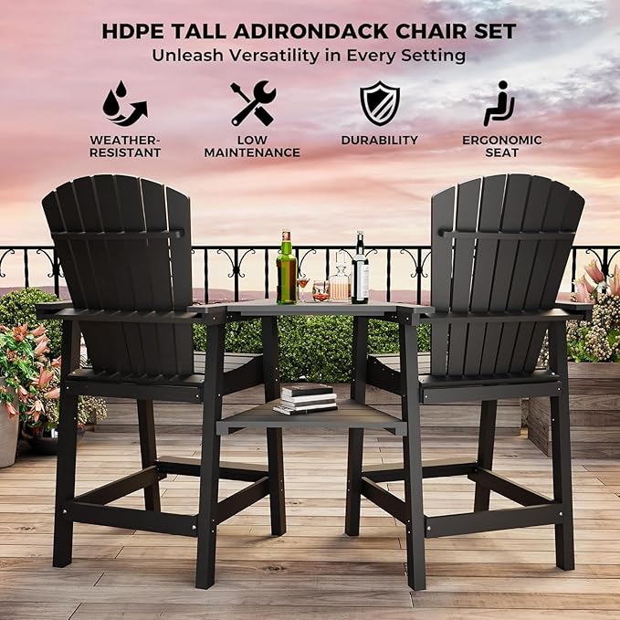2-Pack High Back Adirondack Bar Stools with Connecting Tray, All-Weather HDPE Recycled Plastic Outdoor Bar Chairs, Umbrella Hole, Built-in Footrest, 350lbs Capacity for Deck/Patio/Backyard, Black