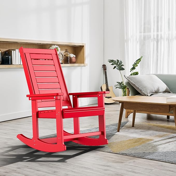 GREENVINES Outdoor Rocking Chairs | Set of 4 | Porch Rocker | HDPE Plastic | Red | Oversized Rockers | High Back | Big & Tall | Ladder Back | for Patio Outside Backyard Balcony Garden