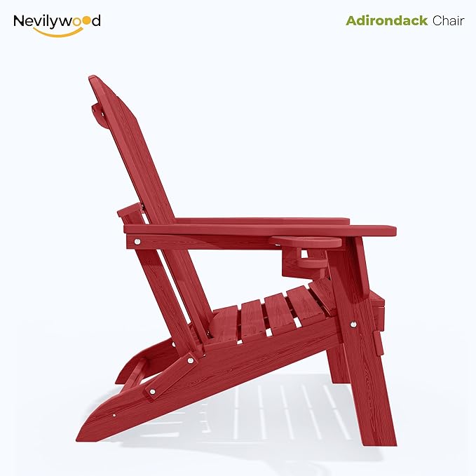 nevilywood Folding Adirondack Chair with Cup Holder Set of 2,HDPE All-Weather Patio Chairs,Plastic Outdoor Chairs- Looks Exactly Like Real Wood- Red