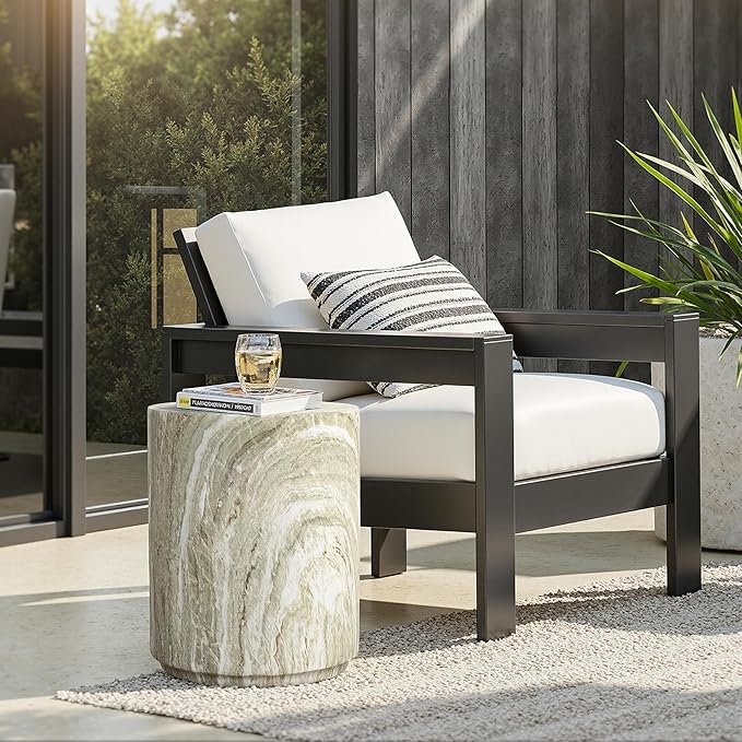 LuxenHome 18" Outdoor Side Table, Green and White Marbled Round Side Table, Indoor Outdoor End Tables for Patio, Modern Small Round Side Tables for Outside, Garden Stool for Indoor and Outdoor