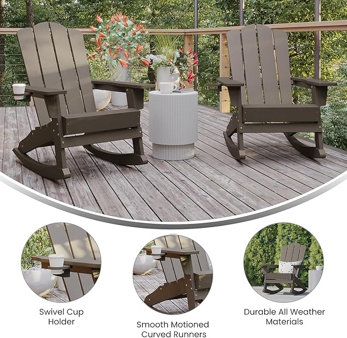 Flash Furniture Newport Adirondack Rocking Chairs with Cup Holder, Weather Resistant Poly Resin Adirondack Rocking Chairs, Set of 2, Brown