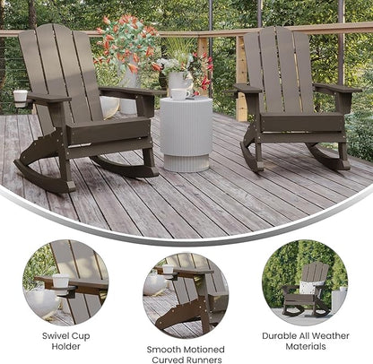 Flash Furniture Newport Adirondack Rocking Chairs with Cup Holder, Weather Resistant Poly Resin Adirondack Rocking Chairs, Set of 2, Brown