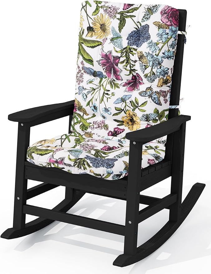 KINGYES Oversized Outdoor Rocking Chair with Cushion, All-Weather Patio Rocking Chairs, HDPE Porch Rocker for Adults, 350 lbs Capacity, Black Chair with Flower Cushion