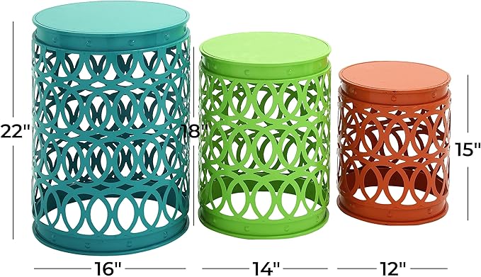 Deco 79 Metal Side End Accent Table Indoor Outdoor Nesting End Table with Carved Trellis Design, Set of 3 Side Table 22", 18", 15"H, Multi Colored