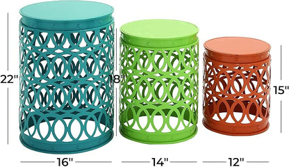 Deco 79 Metal Side End Accent Table Indoor Outdoor Nesting End Table with Carved Trellis Design, Set of 3 Side Table 22", 18", 15"H, Multi Colored