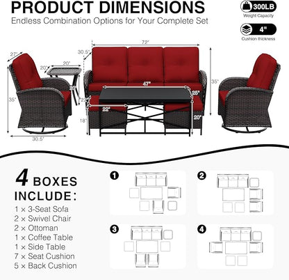 Joyside Wicker Patio Furniture Set, 7 Piece Outdoor Furniture Set with Thickened Cushions, High Back, Deep Seating, Wide Armrest, Outdoor Swivel Rocker Chairs for Porch, Deck