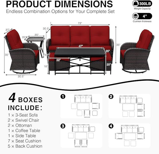 Joyside Wicker Patio Furniture Set, 7 Piece Outdoor Furniture Set with Thickened Cushions, High Back, Deep Seating, Wide Armrest, Outdoor Swivel Rocker Chairs for Porch, Deck