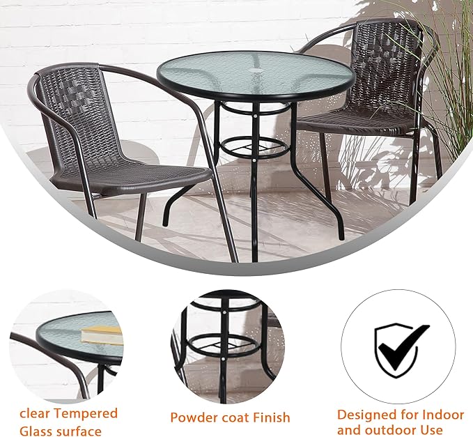 MKDLUFEI 32 Inch Round Outdoor Dining Table, Patio Table with Umbrella Hole, Tempered Glass Top, Black Steel Frame - Photo 7
