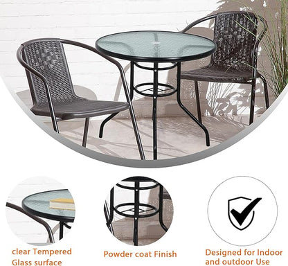 MKDLUFEI 32 Inch Round Outdoor Dining Table, Patio Table with Umbrella Hole, Tempered Glass Top, Black Steel Frame