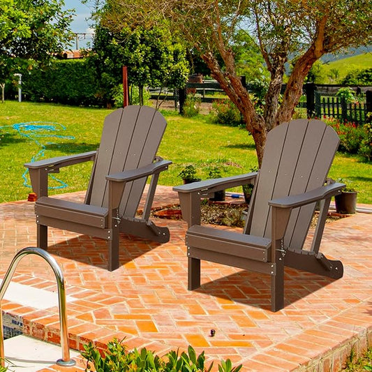 Domi Folding Adirondack Chairs Set of 2, HDPE Adirondack Chair with Cup Holder, Wooden Textured Fire Pit Chairs for Patio Backyard Lawn, Brown