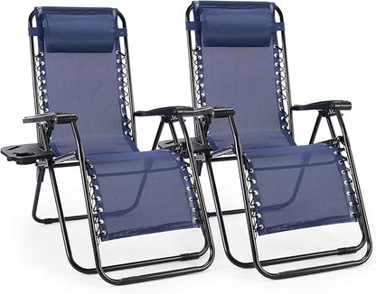 Sweetcrispy Zero Gravity Chairs, Set of 2 Portable Recliner Beach Camping Patio Outdoor Folding Lounge Chair with Cup Holder Trays and Adjustable Pillow for Poolside, Garden, Backyard, Lawn (Blue)