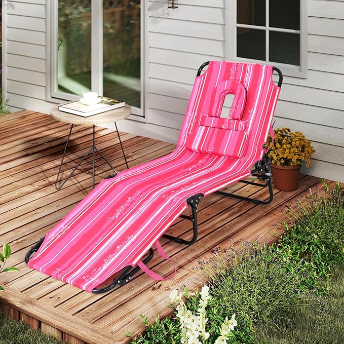 Giantex Tanning Chair, 350lbs Adjustable Patio Lounge Chair w/Face Hole, Removable Pillows, Carry Strap, Folding, Outdoor Chaise Lounge for Layout Beach Poolside Lawn (1, Stripe Pink)