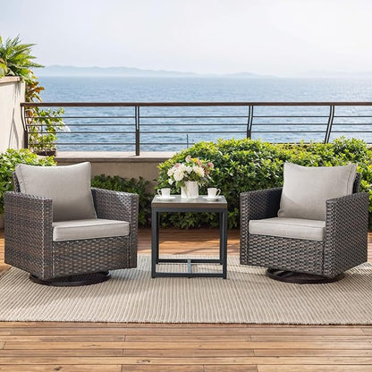 Rilyson Outdoor Patio Swivel Rocker Chairs - 3 Piece Wicker Patio Furniture Bistro Swivel Rocking Chairs Set with Comfortable Cushions,Sturdy Metal Frame and Side Table for Porch Deck(Brown/Beige)