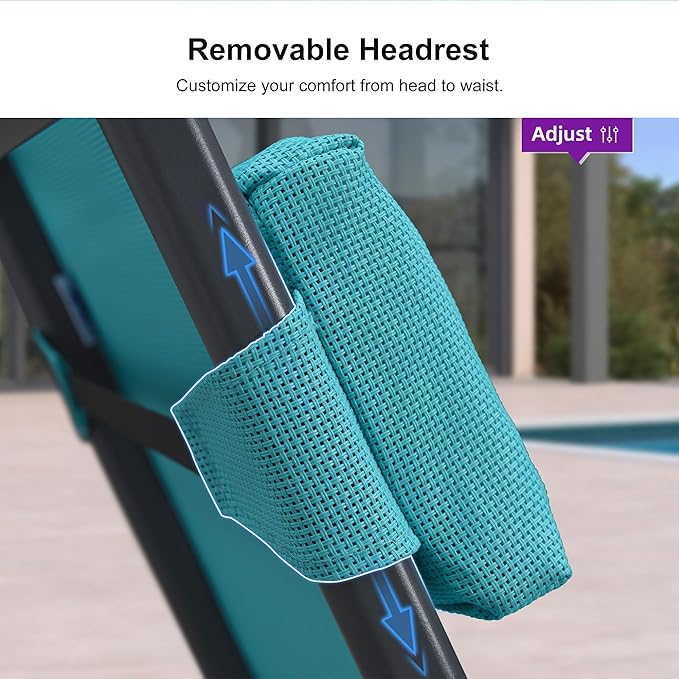 PURPLE LEAF Patio Lounge Chair Set Outdoor Chaise Lounger Aluminum Frame with 2 Side Table and Wheels for Pool Outside Sunbathing Tanning Recliner Including Pillows Turquoise Blue