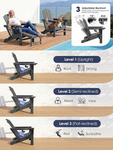 KINGYES Adjustable Folding Adirondack Chairs with Footrest & 2 Cup, HDPE Recliner Adirondack Chair with Ottoman, Grey - Photo 5