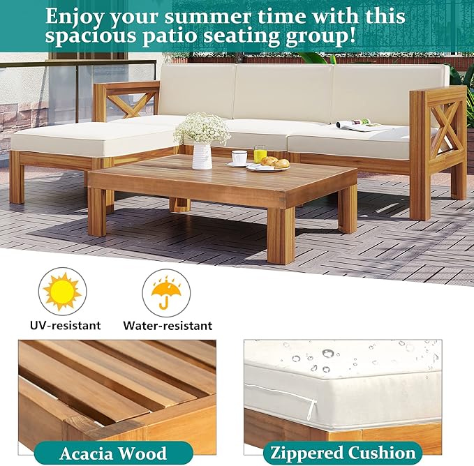 Outdoor Backyard Patio Wood 5-Piece Sectional Sofa Seating Group Set with Cushions, Natural Finish+ Beige Cushions - Photo 5