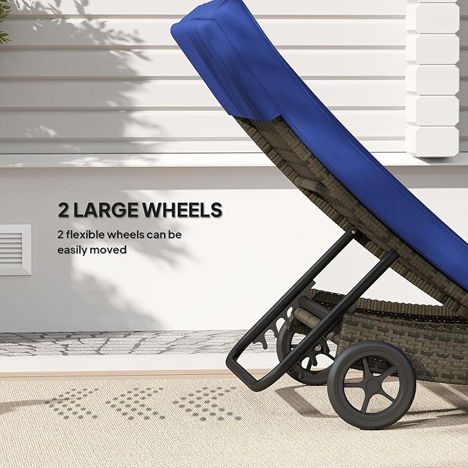Outsunny Wicker Chaise Lounge Chair Outdoor with Wheels & Cushion, PE Rattan Patio Lounge Chair with 5-Level Adjustable Backrest for Poolside, Garden, Dark Blue