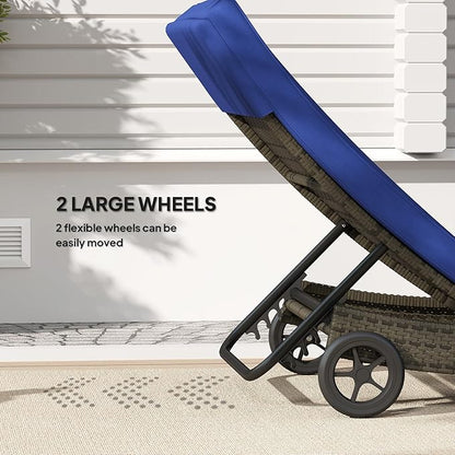 Outsunny Wicker Chaise Lounge Chair Outdoor with Wheels & Cushion, PE Rattan Patio Lounge Chair with 5-Level Adjustable Backrest for Poolside, Garden, Dark Blue
