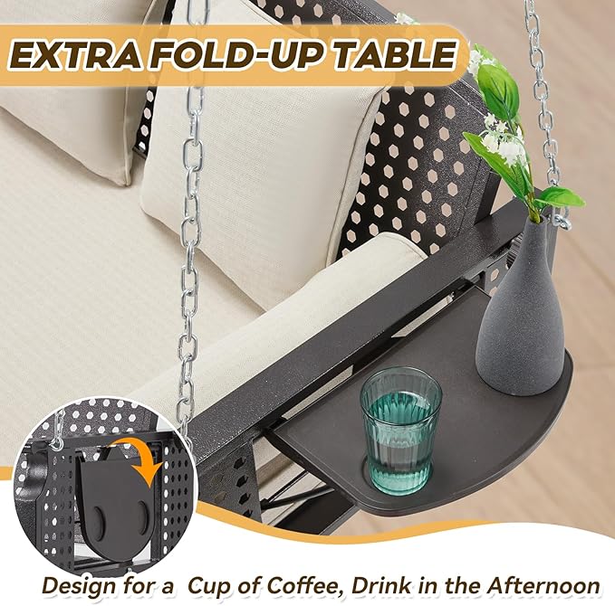 3 Seat Porch Swing, Patio Swing Bench with Cup Holders & 3 Back Cushions - Photo 6