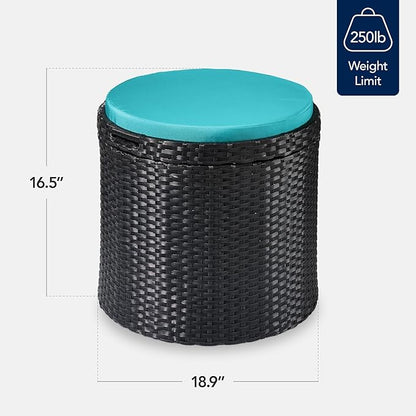 Best Choice Products Round Wicker Ottoman, Multipurpose Outdoor Furniture for Patio, Backyard, Additional Seating, Footrest, Side Table w/Storage, Removable Cushions – Black/Teal