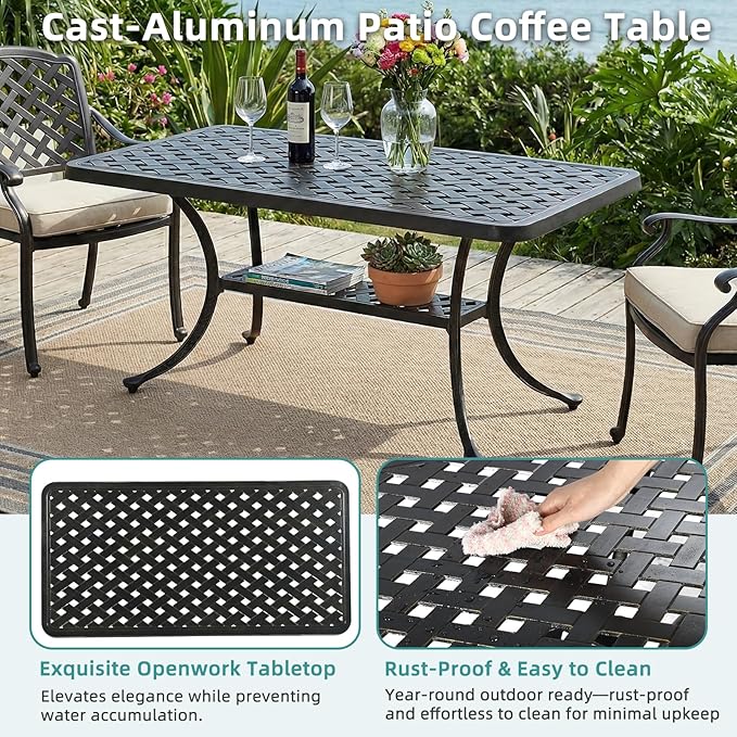 MEETWARM Outdoor Cast Aluminum Coffee Table, 42" Rectangle Patio Coffee Table with 2-Tier Storage Shelf - Photo 7