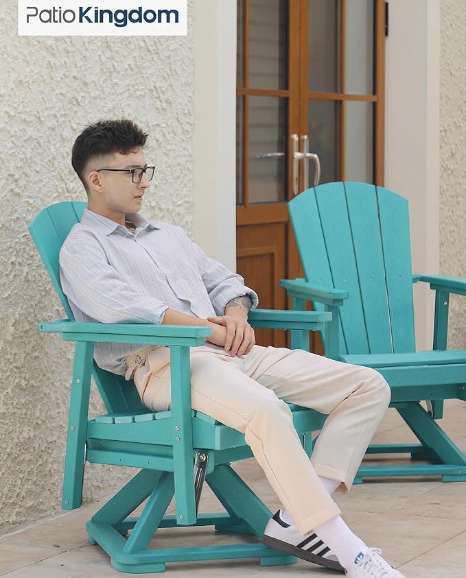 HDPE Swivel Glider Chair Set of 2 with Folding Side Table, Wooden Textured Adirondack Outdoor Swivel Chairs for Porch, Balcony, Poolside, Backyard (Aruba Blue)
