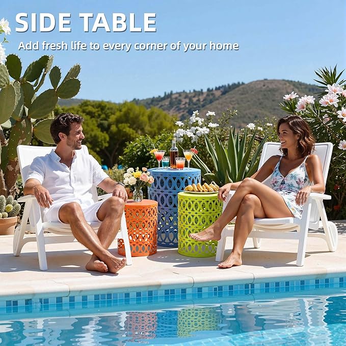 Side Table Set of 3, Modern Decorative Coffee Table with Geometric Cut-Out Design, Durable Metal Table with No Assembly&Weather-Resistant, Industrial Round Garden Stool for Patio, Indoor