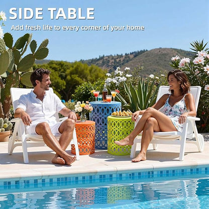 Side Table Set of 3, Modern Decorative Coffee Table with Geometric Cut-Out Design, Durable Metal Table with No Assembly&Weather-Resistant, Industrial Round Garden Stool for Patio, Indoor