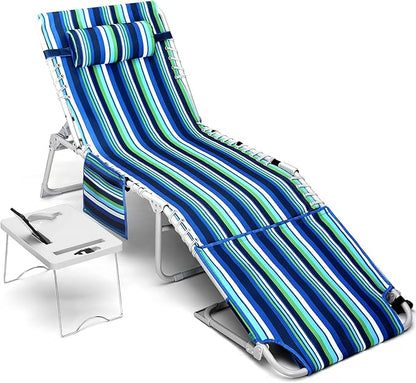 3-in-1 Beach Chair Face Holes, Lounge Chair Outdoor with Folding Side Table, 5-Position Recliner, Lay Flat, Removable Pillow, Heavy Duty, Max 330lbs, Poolside, Patio, Camping, Backyard Striped Blue