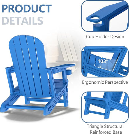 Shintenchi Adirondack Chair Set of 2,HDPE Adirondack Chairs with Umbrella Hole Connecting Tray & 2 Curved Ottoman,Plastic Outdoor Chairs with Cup Holders for Garden Backyard Pool,Blue